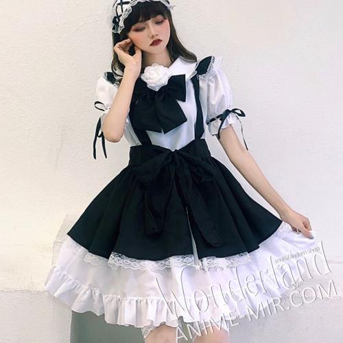Лолитное чёрно-белое платье горничной с бантом и с короткими рукавами / Lolita Black and White Maid Dress with Bow and Sleeves
